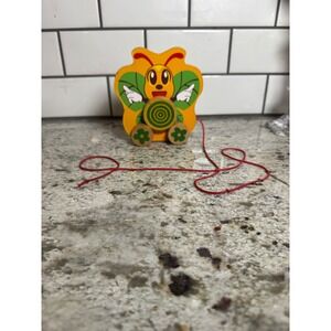 Vintage Wooden Butterfly Pull Toy Yellow Green Toddler Rolling Developmental Toy